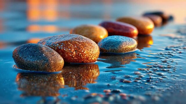 Stone Line on Water: A row of smooth, colorful stones perfectly aligned along the wet shore. With selective focus, each stone is a small marvel of nature.