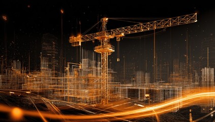 Digital city under construction.  Orange crane and wireframe buildings.  Abstract, futuristic