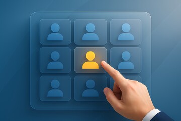 Human hand selecting highlighted user icon in grid interface illustrating recruitment hiring candidate choice hr management talent selection personalization customer segmentation business technology 
