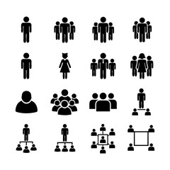 Team organization and hierarchy concepts represented by silhouette figures in a grid layout