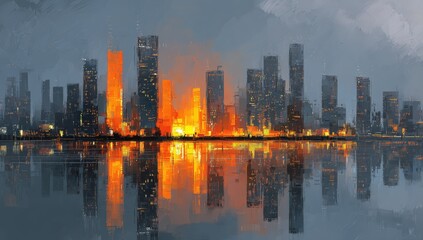 Fototapeta premium City skyline at dawn with reflected flames