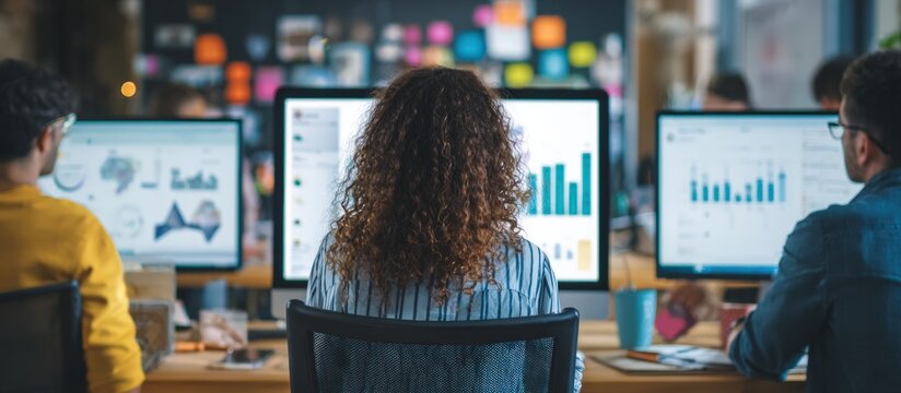 Team of coworkers focusing on computer screens