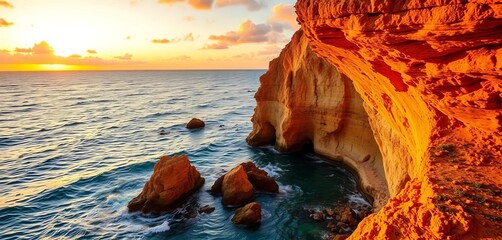 Golden hour sunset hues paint cliffs overlooking ocean at Pelican Cove, landscape, coast