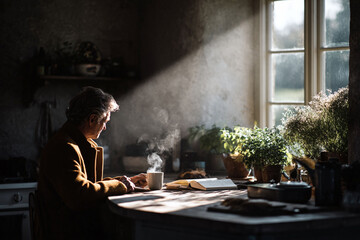 A solitary figure sits with coffee and a book, bathed in morning light. Evokes reflection, nostalgia, and peaceful moments. Ideal for lifestyle, wellness, or retirement themes.