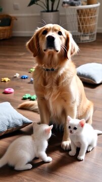 Chiot Golden Retriever jouant avec des chatons.