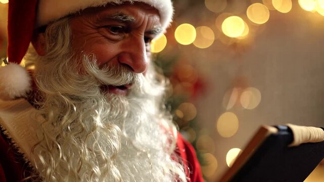 Santa Claus sits in the warehouse of his factory and keeps a record of gifts. Warehouse of gifts of Santa Claus. Accounting and distribution Christmas gifts for all children on the planet.