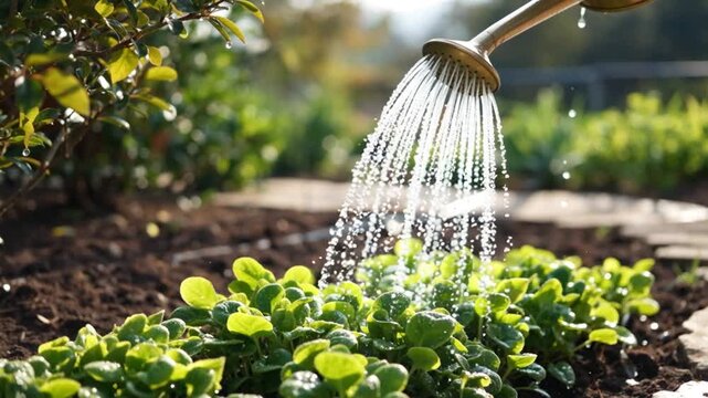Arroser des plantes vertes dans un jardin.