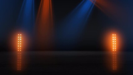 Dynamic Stage Lighting: Blue and Orange Spotlights with Reflective Floor