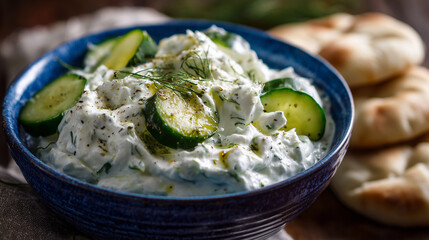 3/4 view of tzatsiki with cucumber pieces in a blue bowl
