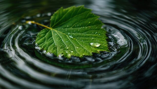 A vibrant green leaf rests gently on the surface of rippling water - Powered by Adobe