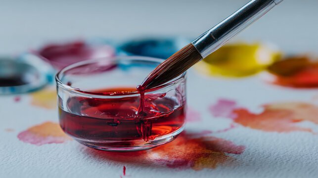 A close-up of a paintbrush dipping into a glass of red paint, surrounded by colorful watercolor splotches on a white background.