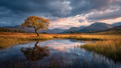 Autumnal landscape with lone tree reflected in tranquil pond