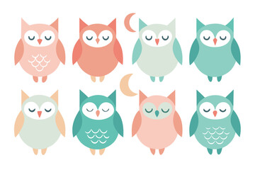 Fototapeta premium Eight Colorful Cartoon Owls with Closed Eyes Arranged in Two Rows on a White Background