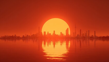 Fiery sunset over a city skyline reflected in still water