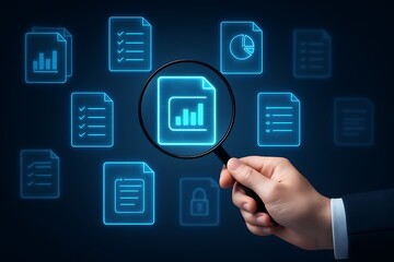 Hand holding magnifying glass reviewing glowing document icons with analytics chart symbol representing audit research inspection data quality compliance search discoverability reporting security 