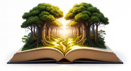 An open book with a forest of lush green trees growing from its pages, creating a magical pathway leading to a bright light, symbolizing imagination and storytelling