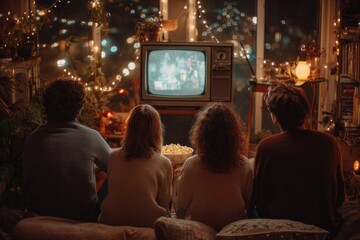 Friends watching movies on a VHS player with popcorn, fairy lights around the room