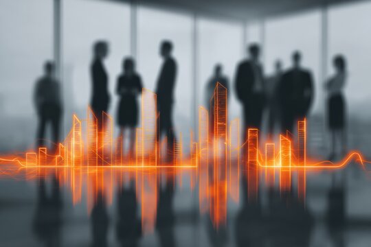 Business people, city skyline graphic