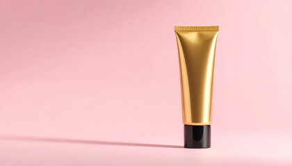 A sleek, golden tube with a black cap stands elegantly against a soft pink background, casting a subtle shadow, creating a minimalist yet luxurious feel