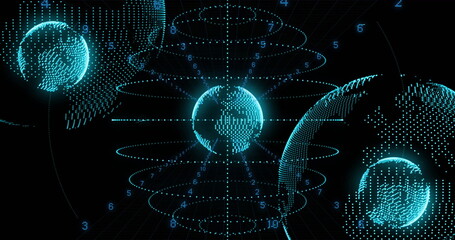 Spinning central holographic globe glowing with cyan dots in digital 3D grid, with numeric rings