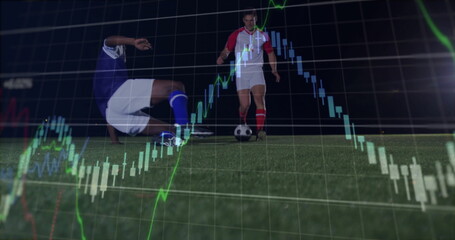 Sliding defender challenging rival dribbling soccer ball on turf at night with stock chart overlay