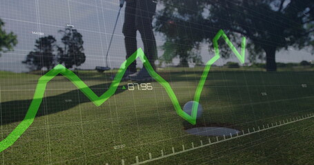 Golfer lining up putt in putting green, with ball, hole, putter, grid overlay, green line chart