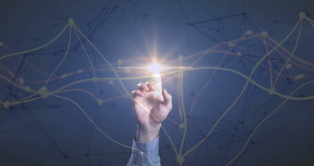 Touching hand in blue shirt reaching toward glowing node in virtual interface, with network overlay