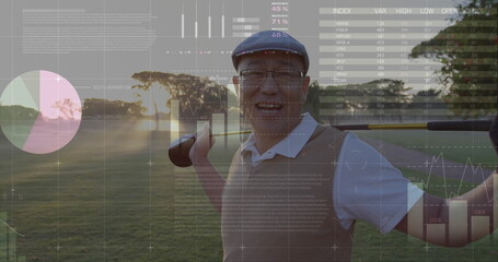 Standing golfer wearing flat cap and vest holding golf club on fairway, showing financial charts