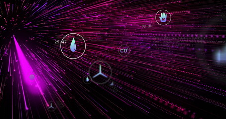 Streaming magenta or purple streaks across virtual cyberspace, with droplet gauge and code text