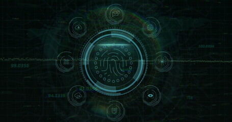 Displaying central fingerprint icon pulsing on cybersecurity dashboard, with eight security icons