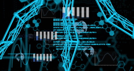 Displaying interface showing cyan wireframe helices in virtual field with code and hex patterns