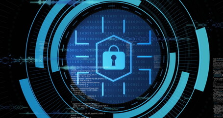 Displaying blue padlock icon within glowing hexagon on screen, with HUD rings and binary streams