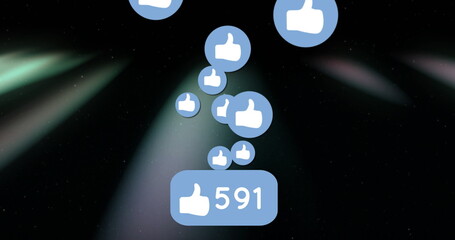 Floating cluster of thumbs-up icon bubbles rising on virtual interface backdrop, showing 591 likes