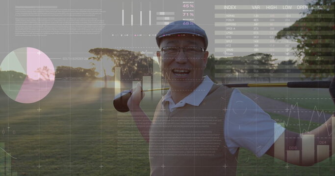 Standing golfer wearing flat cap and vest holding golf club on fairway, showing financial charts - Powered by Adobe
