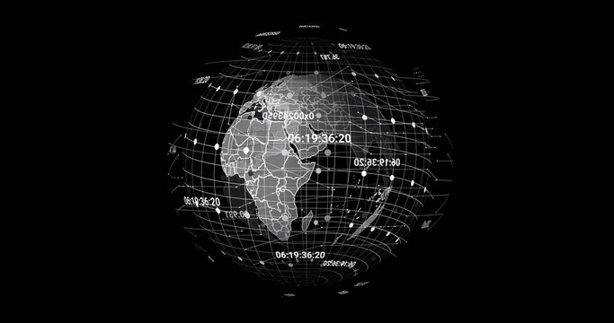 Naklejki Rotating globe displaying lat-long grid in virtual interface, with floating timestamps and nodes