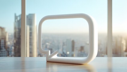 Fototapeta premium White speech bubble on table, city view