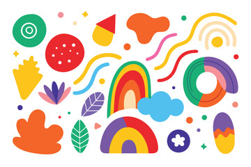 Playful Colorful Geometric Shapes Illustration Rainbows, Leaves, Circles, and Abstract Forms on White