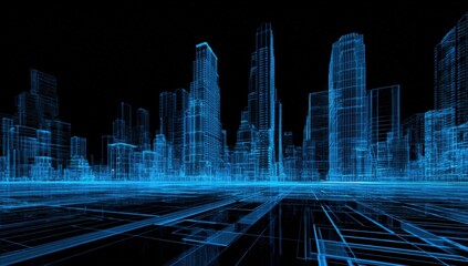 Digital cityscape, futuristic city, wireframe buildings