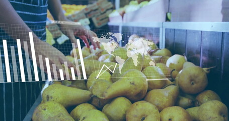 Sorting striped-apron clerk checking yellow-green pears in wooden crate at market with data overlay