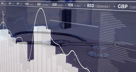Lying stethoscope displaying financial charts on office desk, with currency labels floating above