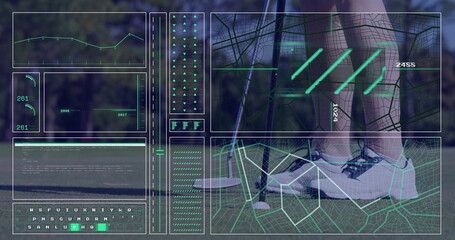 Athlete in sports shorts and sneakers balancing at tee, with HUD, club and ball, copy space