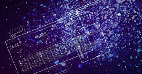 Floating grid of squares with lines in digital interface, with numeric labels, glowing particles