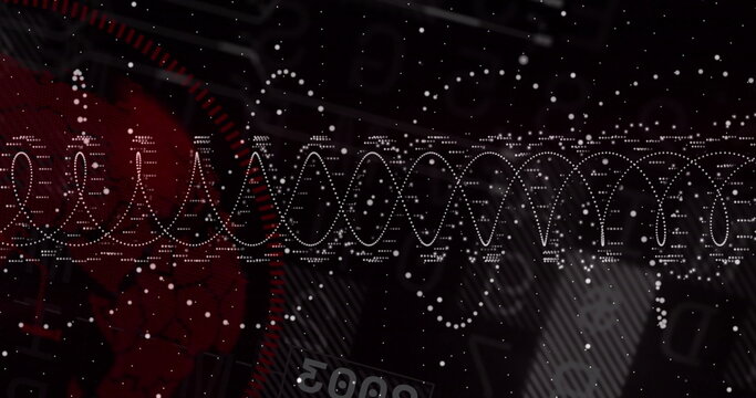 Displaying horizontal white waveform pattern pulsing across network, with red map and numeric 5000