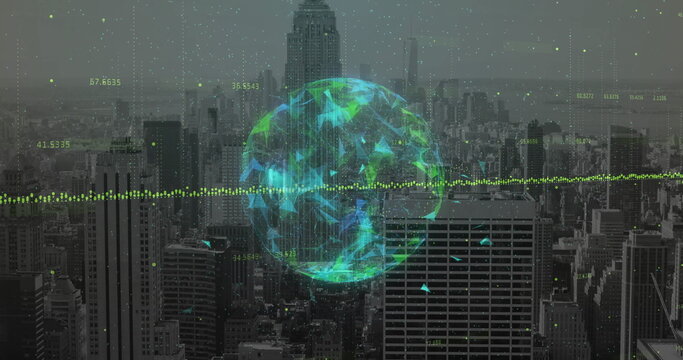 Hovering holographic globe streaming data points over urban skyline, with neon waveform and codes - Powered by Adobe
