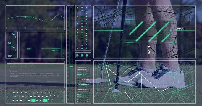 Fototapeta Athlete in sports shorts and sneakers balancing at tee, with HUD, club and ball, copy space