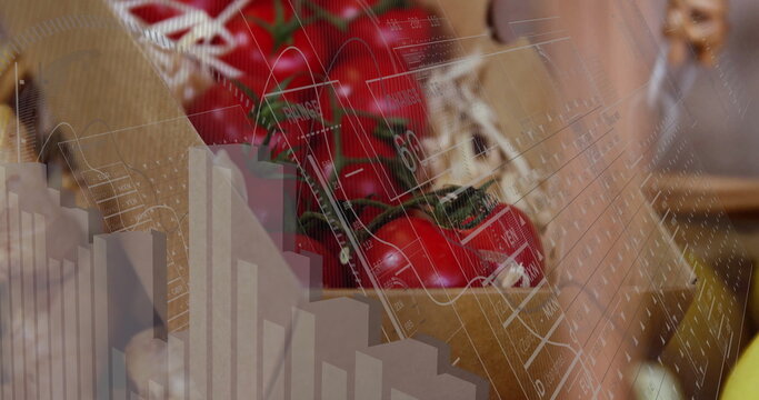 Crate of red tomatoes on vine sitting at farmers market stall, with digital chart overlays - Powered by Adobe