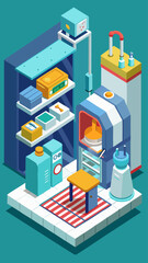 Obraz premium A blue and white lab table with a yellow container on it. The table is cluttered with various items, including a stack of books, a laptop, and a cell phone. Concept of busyness and productivity