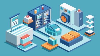 Obraz premium A blue and white lab table with a yellow container on it. The table is cluttered with various items, including a stack of books, a laptop, and a cell phone. Concept of busyness and productivity