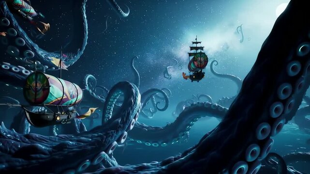 Epic fantasy scene of a colossal sea monster with tentacles and flying ships in a starry night ocean