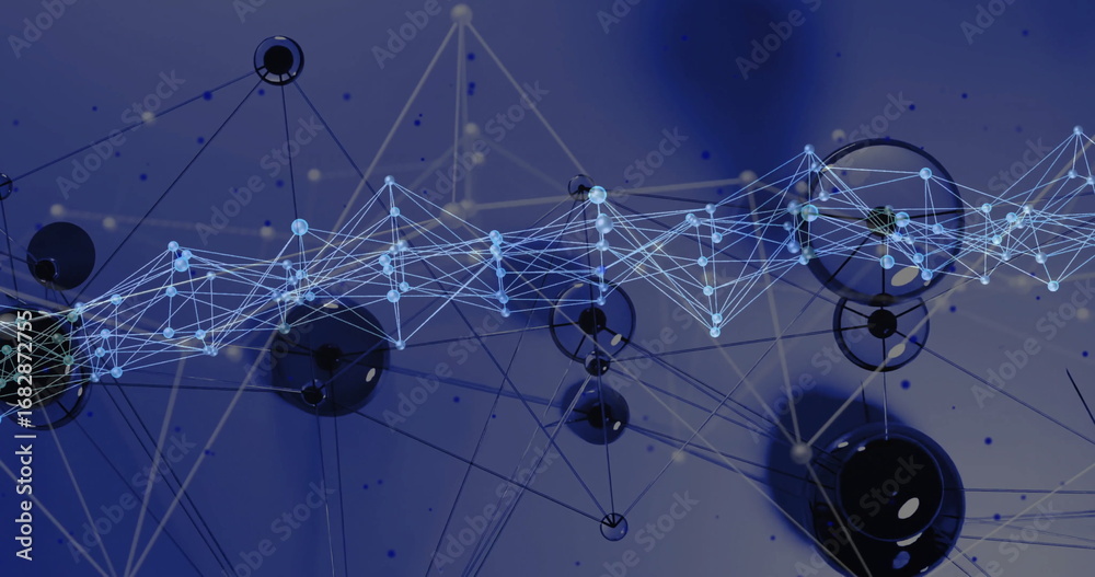 Wall mural animating abstract network waving in virtual space, with light-blue nodes, edges, rings and disks